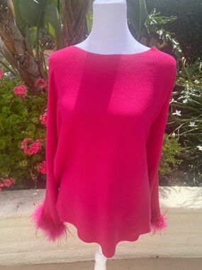 Sioni Hot Pink Knit Top with Feather-Trim Cuffs